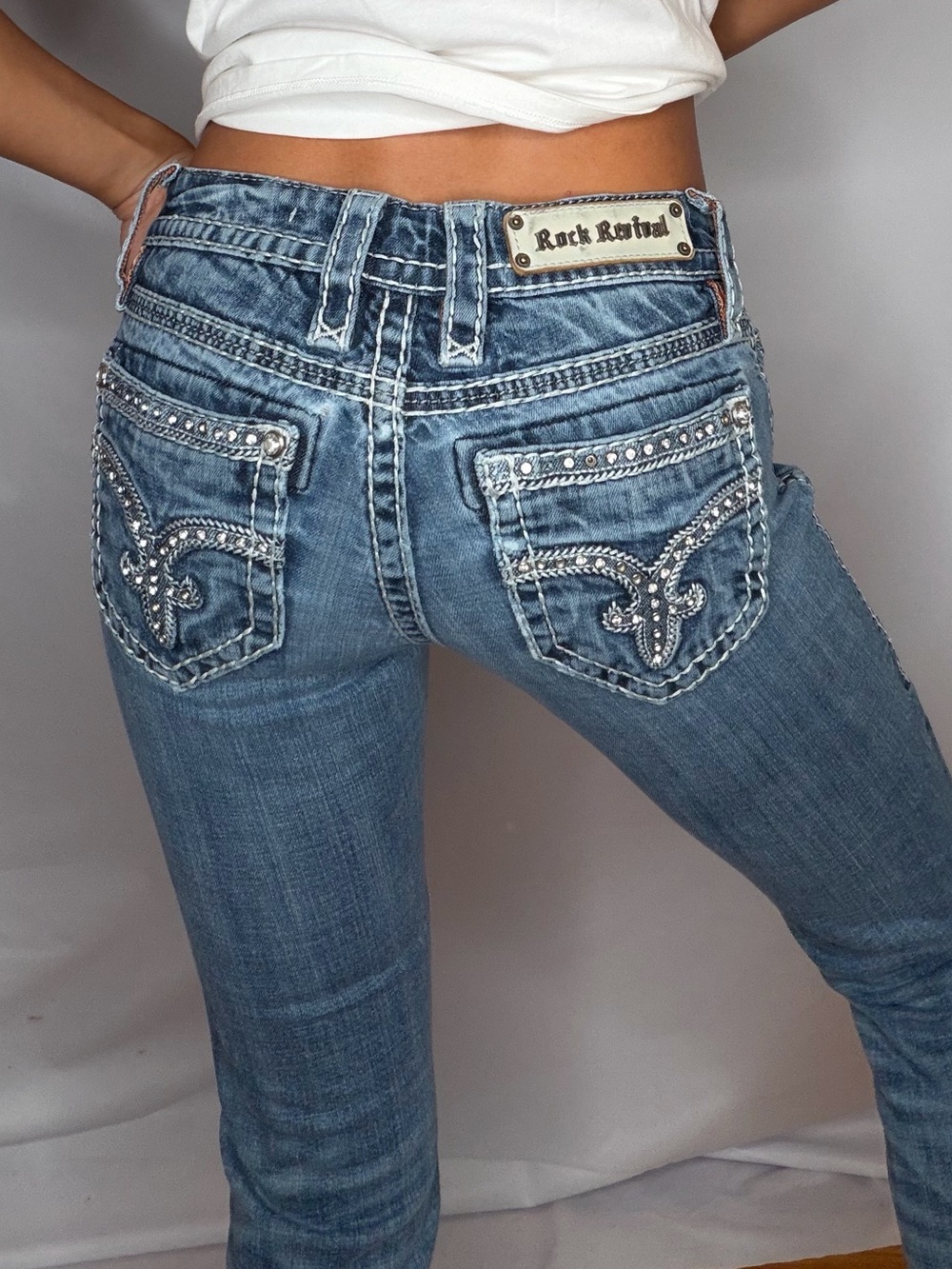 Y2K Rock Revival Blue Denim Flare Jeans with Studded Back Pockets
